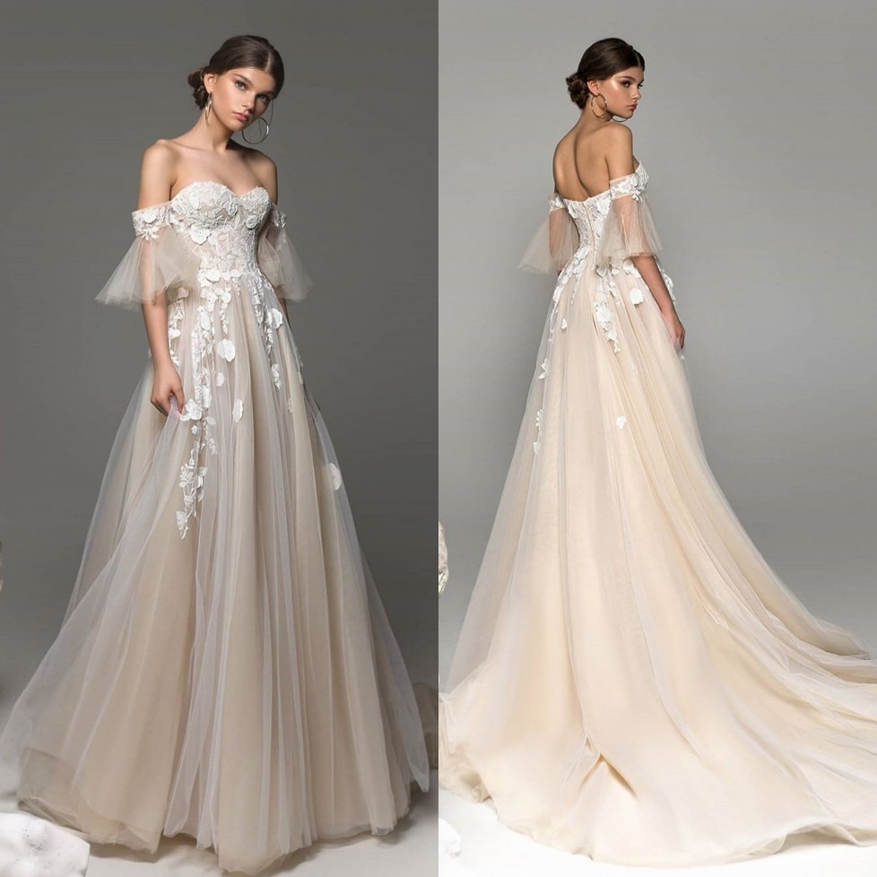 Line Amazing A Lace Wedding Dresses Off The Shoulder Short Sleeves Appliqued Bridal Gowns Sweep Train Tulle Robe De Marie ppliqued