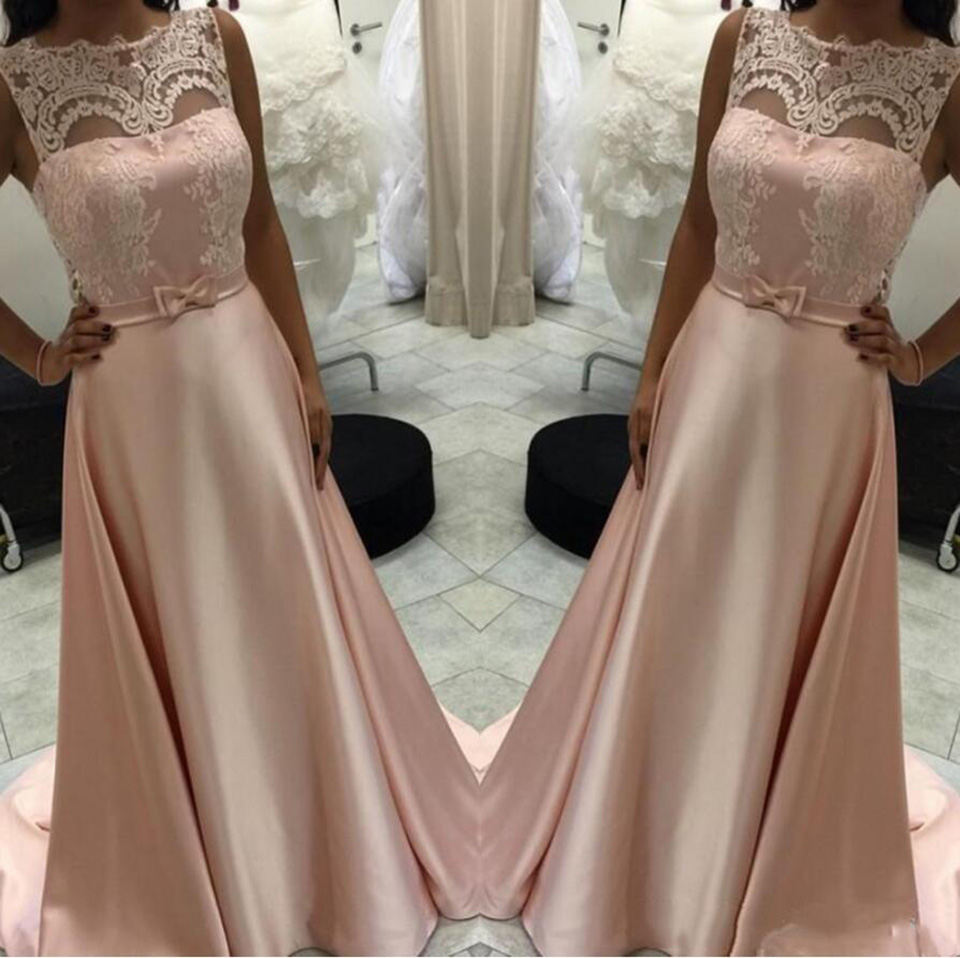 Robe de soiree Custom Made Sleeveless Pink Lace Evening Dresses A Line Long Satin Evening Dress Formal Party Gown