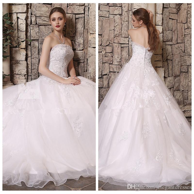 Wedding Strapless Slim Dresses Sexy Lace Appliques A-Line Bridal Gowns Princess Garden Long Organza Vestidos De Marriage