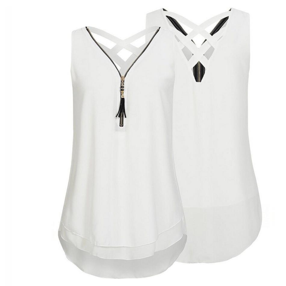 Top Women Vest Shirt Sleeveless Back Hem Layed Zipper Criss Cross Hollow Out Loose Tank Tops Blusas Plus Size C19041601