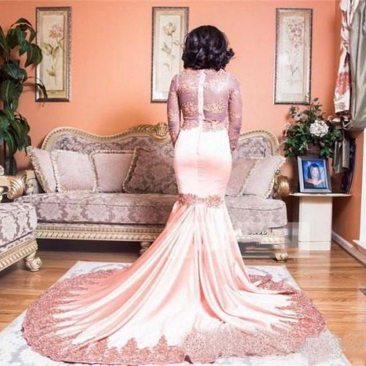 Gorgeous Pink Mermaid Prom Dresses 2019 Plus Size Lace Applique Beaded African Black Girls Evening Dress Long Sleeve Ruched Cocktail Dresses
