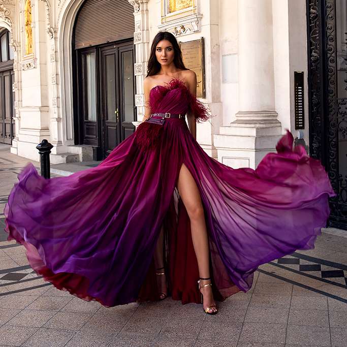 Oksana Mukha 2019 Evening Dresses Sexy Strapless High Side Split with Sashes Tassel A Line Satin Prom Dress Floor Length Formal Party Gowns