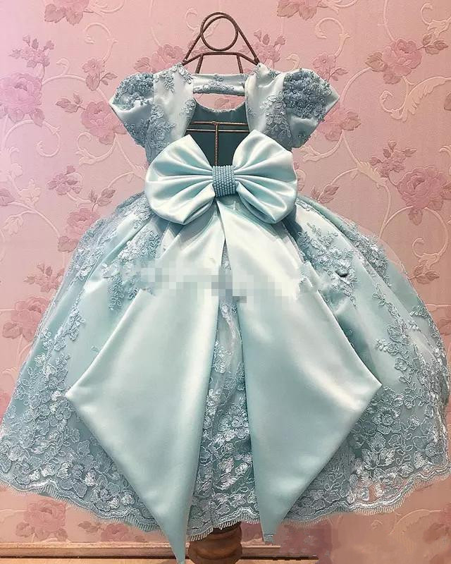 Princess Lace Flower Girl Dresses For Weddings Short Sleeves Backless Little Girls Pageant Ball Gowns Appliques First Communion Dress