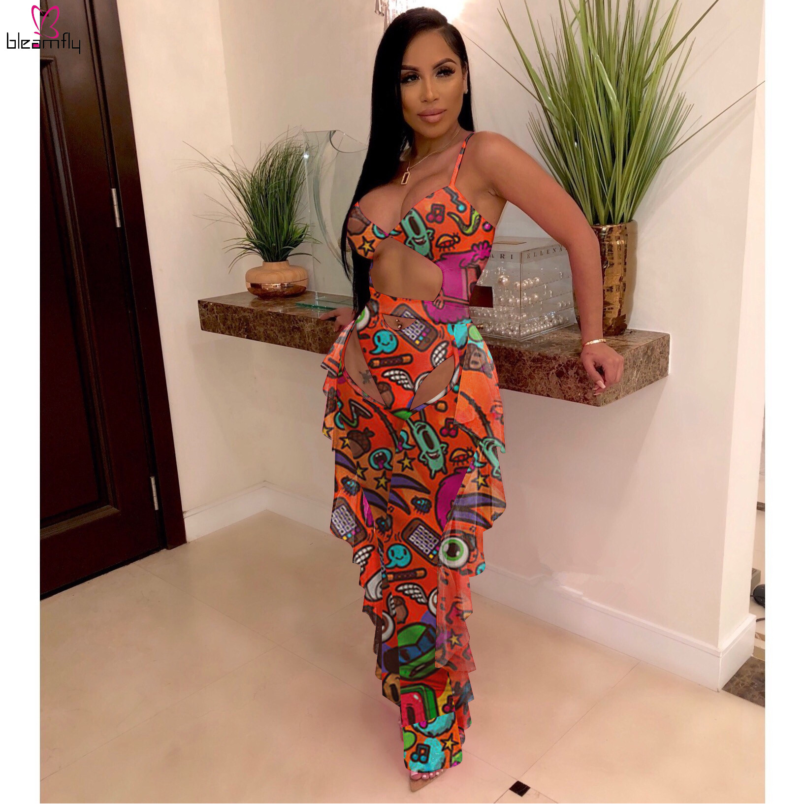 Sheer Mesh Cartoon Character Two Piece Tracksuit Spaghetti Strap Overall And Ruffles Spliced Wide Leg Pant Club Outfit