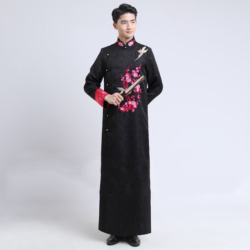 Traditional stand Collar Men ethnic Wedding clothing Bridegroom Embroidered ancient Chinese cheongsam male long gown Vestidos