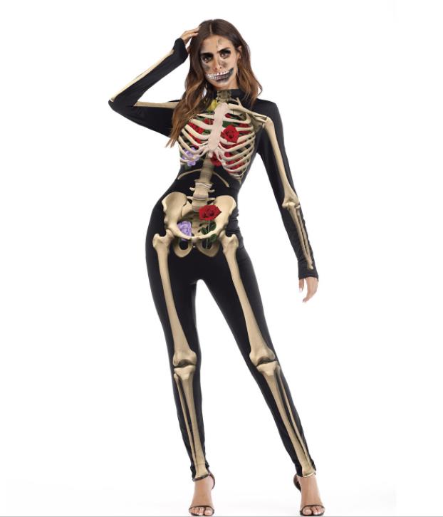 2020 Women Vintage Skeleton Rose Print Scary Costume Black Skinny Jumpsuit Bodysuit Halloween Cosplay Suit Stretchy Outfit Femme