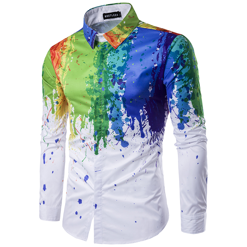 Plus size men's casual colour shirt ink splash paint color slim shirts leisure 6 personality color long sleeve Shirt