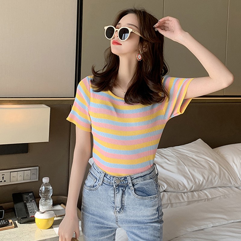 Women Casual Short Sleeve Kintted Tops Summer Beach Wear Rainbow Stripe Print Basic Tunic Tops Blouse Shirt, Bd1640l
Women Casual Short Sleeve Kintted Tops Summer Beach Wear Rainbow Stripe Print Basic Tunic Tops Blouse Shirt, Bd1640l