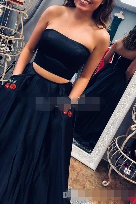 Simple Black Two Piece Prom Dresses With Pockets Satin Strapless Beaded Embroidery Custom Made Sweep Train Long Evening Gown Plus Size 403