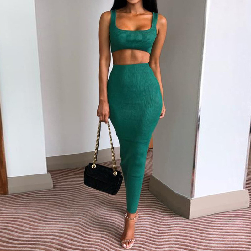 2Pcs Crop Tops And Set Matching Women Two Pieces Sexy Sleeveless Short Tops+Bodycon Slim Long Skirt Sets B3