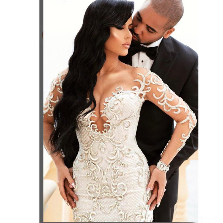 Luxury African Dubai Mermaid Wedding Dresses Illusion Long Sleeves vestido de noiva Lace Appliques Slim Formal Bridal Gowns