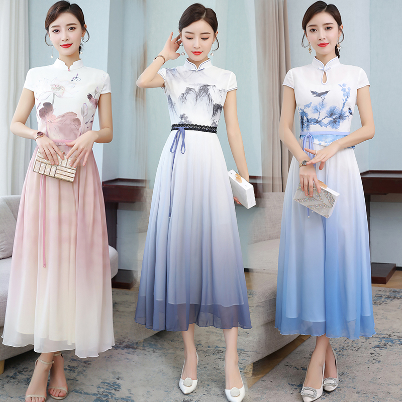 Modern Women retro pattern Printed cheongsam short Sleeve Traditional Qipao oriental gown Asia ethnic clothing elegant dress
