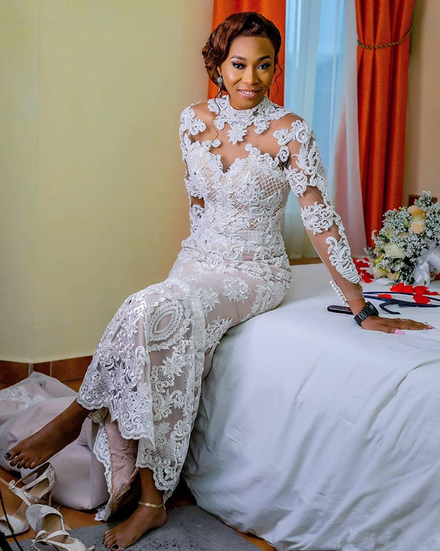 Illusion Mermaid Long Sleeve Wedding Dresses 2020 High Neck Aso Ebi Lace Applique African Muslim Bride Trumpet Wedding Gown