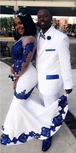 New White Satin Royal Blue Lace Aso Ebi African Prom Dresses Long Illusion Sleeves Applique Evening Formal Gowns Pageant Celebrity Dress