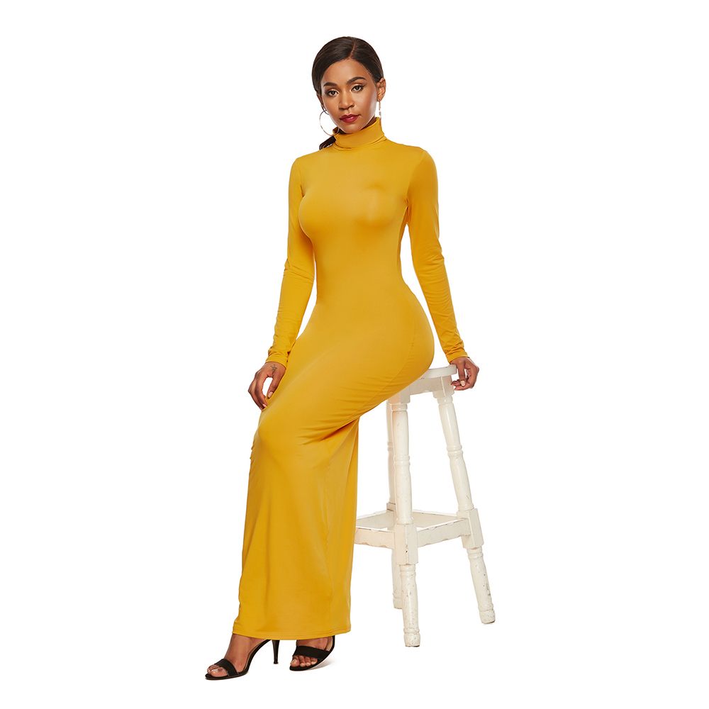 Long Bodycon Autumn Winter Casual Dresses Sheath Women Solid Color Slim Turtleneck Maxi Dress Plus Size