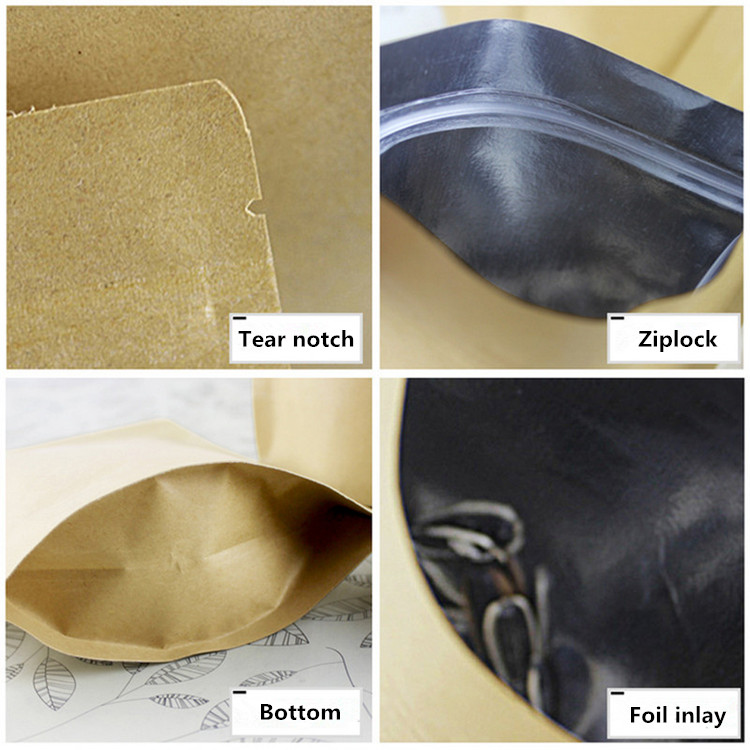 100pcs Thick Resealable Stand up Kraft Paper Zip Lock Packaging Bag Resealable Coffee Powder Snack Sugar Nuts Tea Waterproof X-mas Wedding Gifts Stora