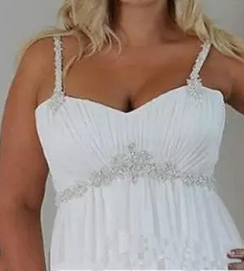 Crystals Plus Size Beach Wedding Dresses Corset Back Spaghetti Straps Chiffon Floor Length Empire Waist Elegant Bridal Gowns Sleeveless 0521