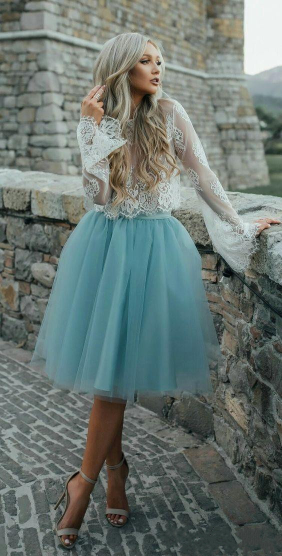 new cheap homecoming dresses long sleeve lace blue tulle two pieces prom gowns a line knee length cocktail dresses