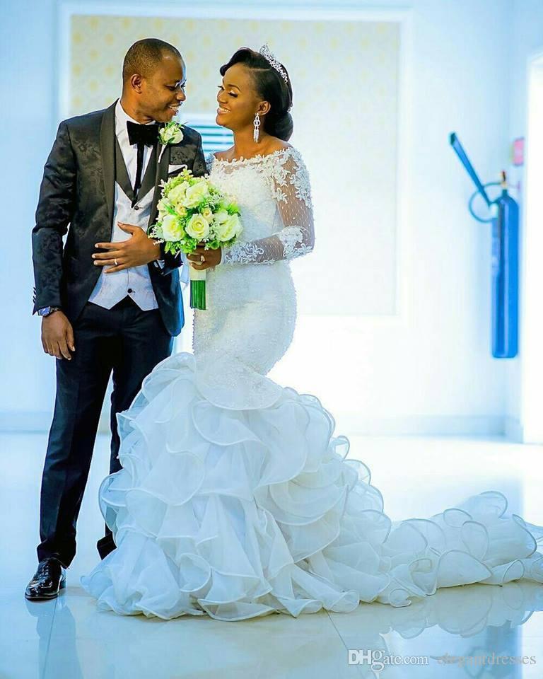 Scoop Long Sexy Sleeves Mermaid Wedding Dresses Lace Appliques Tiered Organza Ruffles Bridal Gowns 2019 Vestidos De Marriage Modest