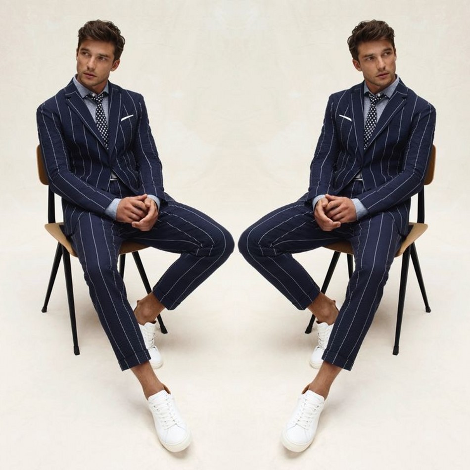 2020 Navy Stripe Mens Suits Two Piece Tweed Suit Herringbone Fashion Notched Lapel Custom Made Groom Wear Wedding Prom Dress Jacket Pants