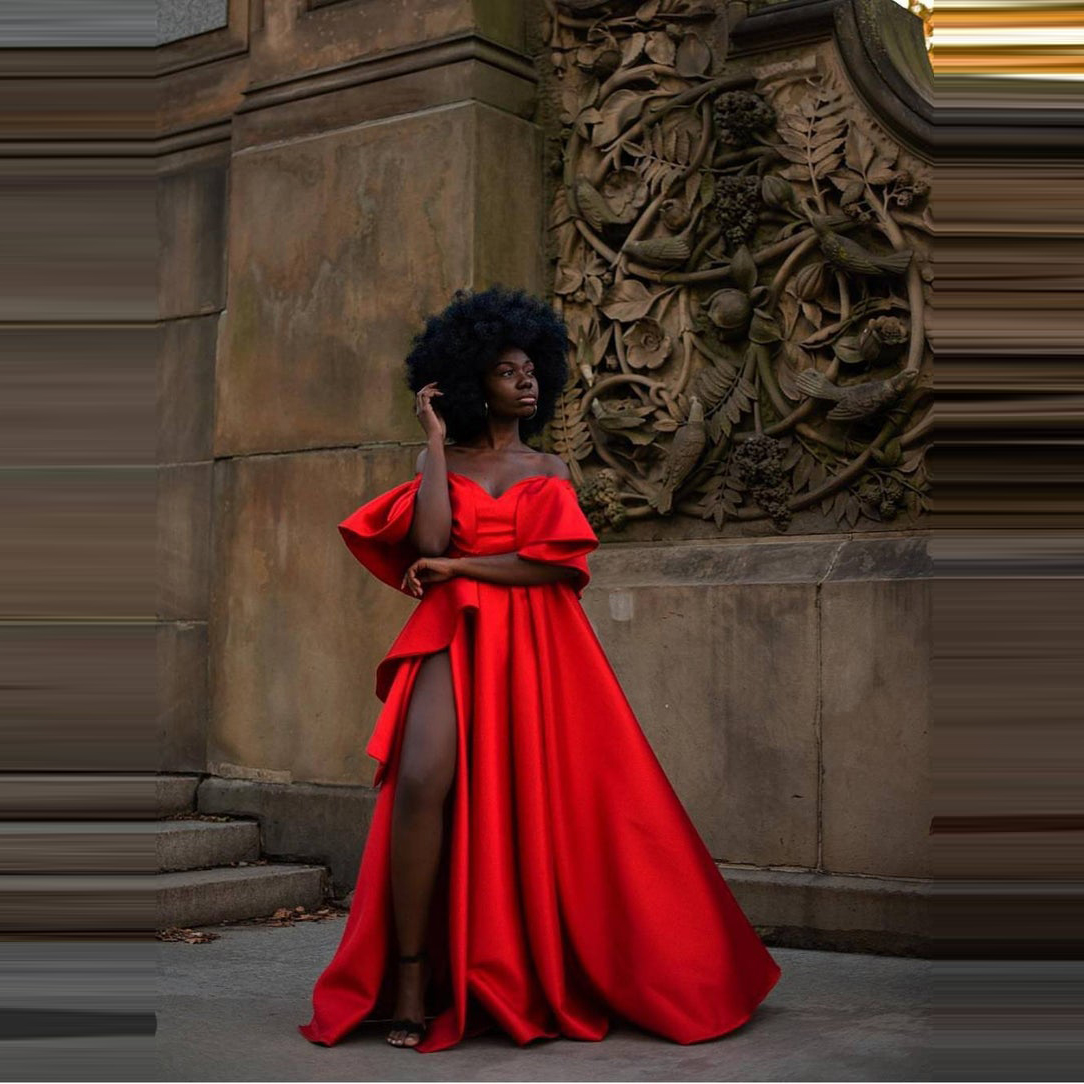 Sexy Red Prom Dresses For Black Girls A Line Satin High Slit Off The Shoulder Sweetheart Open Back Custom Made Evening Gowns