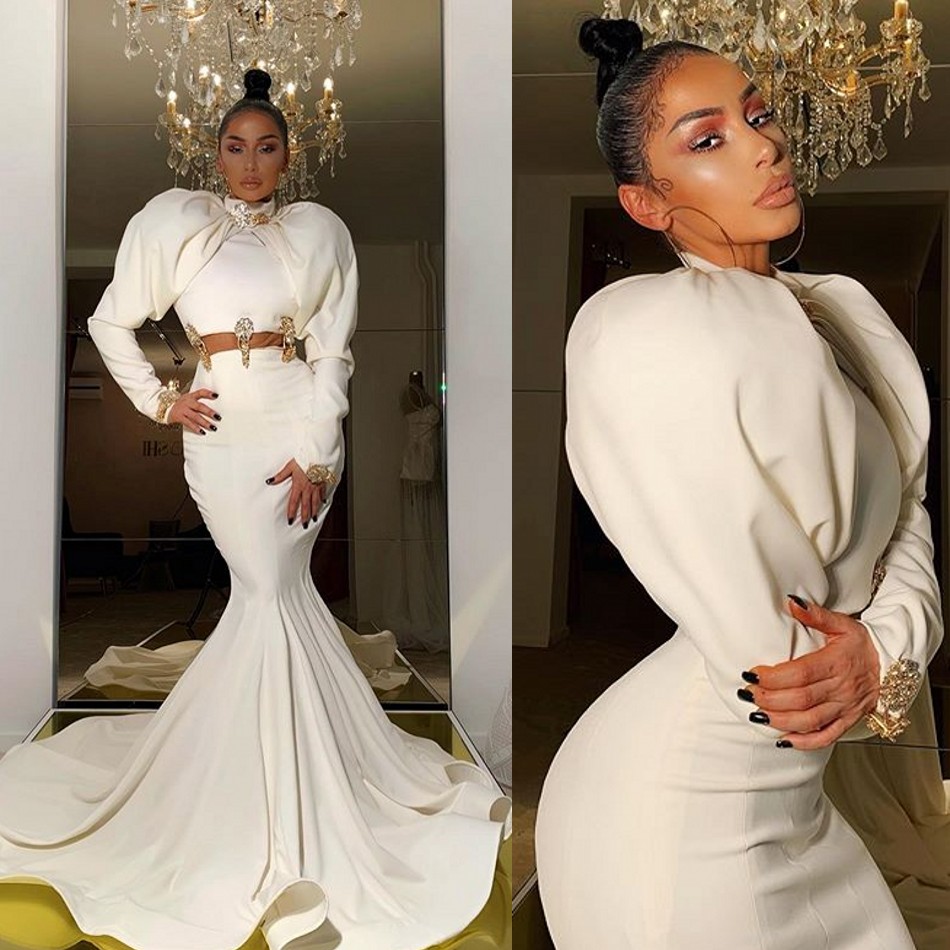 2020 Zuhair Murad Evening Dresses High Neck Crystal Ruffles Bell Long Sleeve Mermaid Prom Dress Party Wear Formal Occcasion Gowns