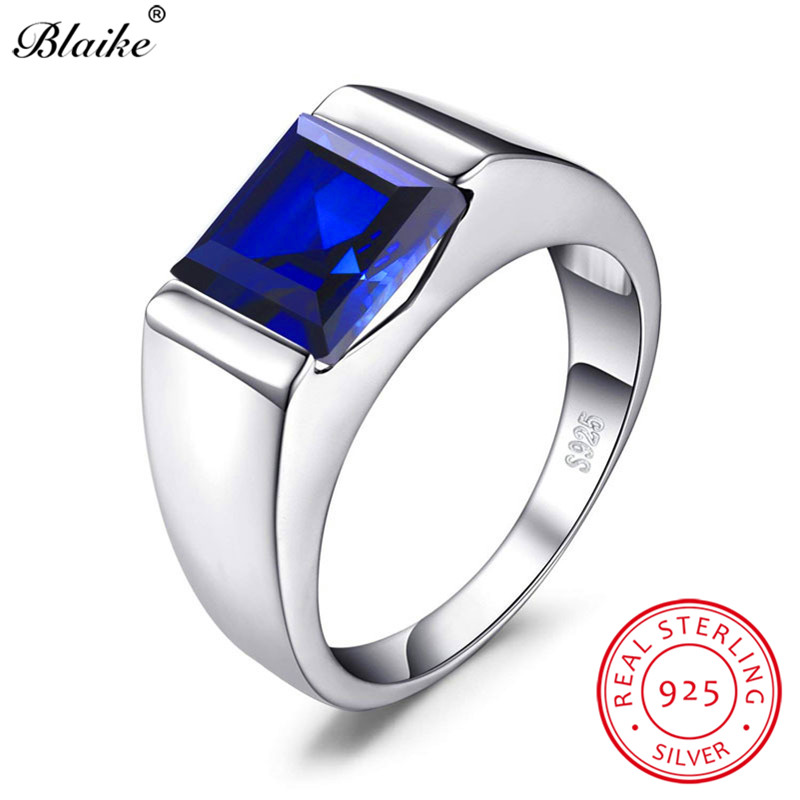 100 Real 925 Sterling Silver Rings For Men Women Square Green Emerald Blue Sapphire Birthstone Wedding Ring Fine Jewelry
