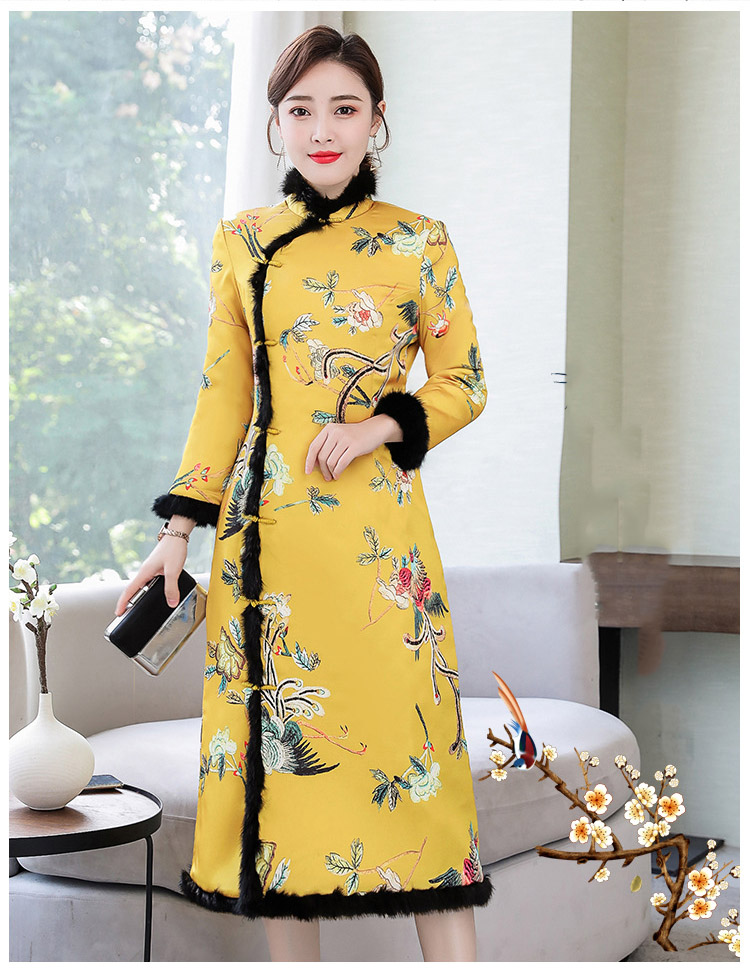 New Winter Evening Party Gown Chinese Qipao Classic Women Satin Cheongsam Oriental Bride Wedding Dresses Embroidery Crane Daily Warm Dress, Yellow
New Winter Evening Party Gown Chinese Qipao Classic Women Satin Cheongsam Oriental Bride Wedding Dresses Embroidery Crane Daily Warm Dress, Yellow