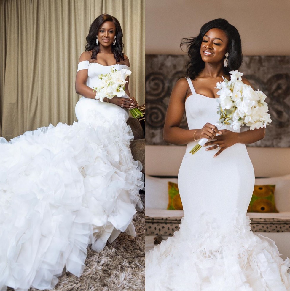 Mermaid Wedding Fabulous Dresses Off The Shoulder Satin Bridal Gowns Sweep Train Cascading Ruffles Trumpet Robe De Marie