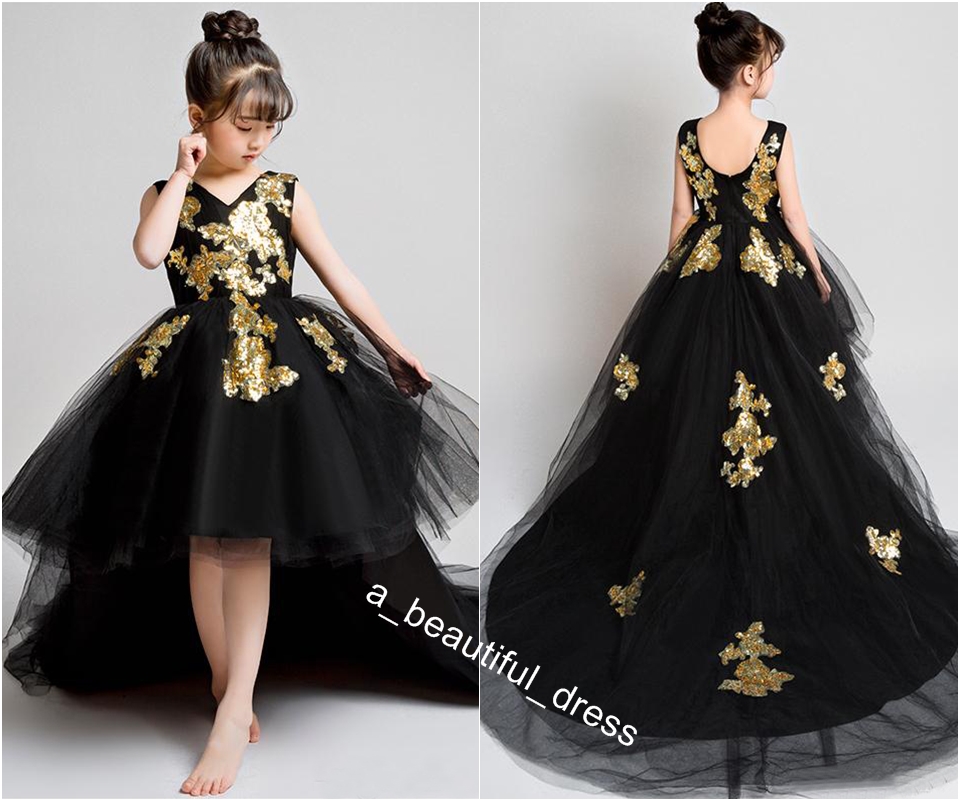 Gold Embellished Lace Black Hi Low Girls Pageant Dresses Tulle Jewel Neck Applique Ruched Cheap Flower Girls First Communion Dress FG1298