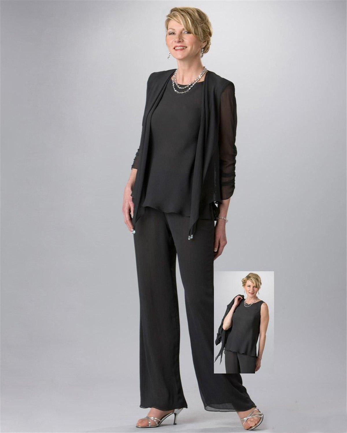 New Groom Mother of the Bride Dresses Wedding Guest Formal Evening Gown With Crew Mother's Suit Black Chiffon Pant Suits