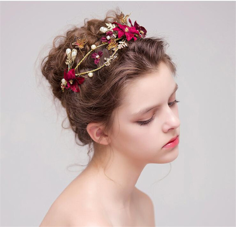 Vintage Wedding Bridal Tiara Burgundy Flower Crown Headband Rhinestone Hair Accessories Jewelry Headpiece Jewelry Rose Party Headdress Gift