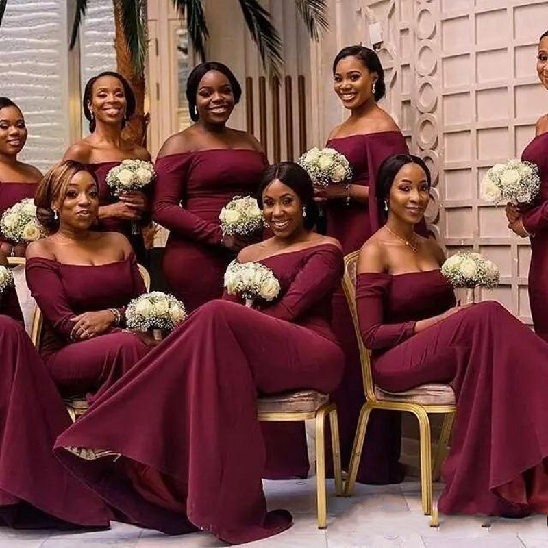 Arabic African Burgundy Bridesmaid Dresses Off The Shoulder Long Sleeve Mermaid Sweep Train Maid of Honor Formal Wedding Party Dresses
Arabic African Burgundy Bridesmaid Dresses Off The Shoulder Long Sleeve Mermaid Sweep Train Maid of Honor Formal Wedding Party Dresses