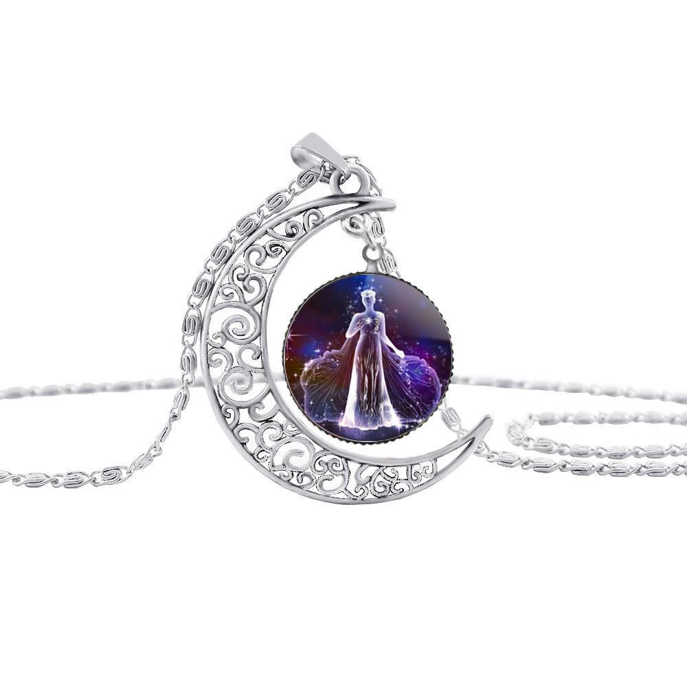 12 zodiac pendant necklaces Hollow Moon cabochons Glass Moonstone constellation starry sky Charm chokers For women s Fashion Jewelry