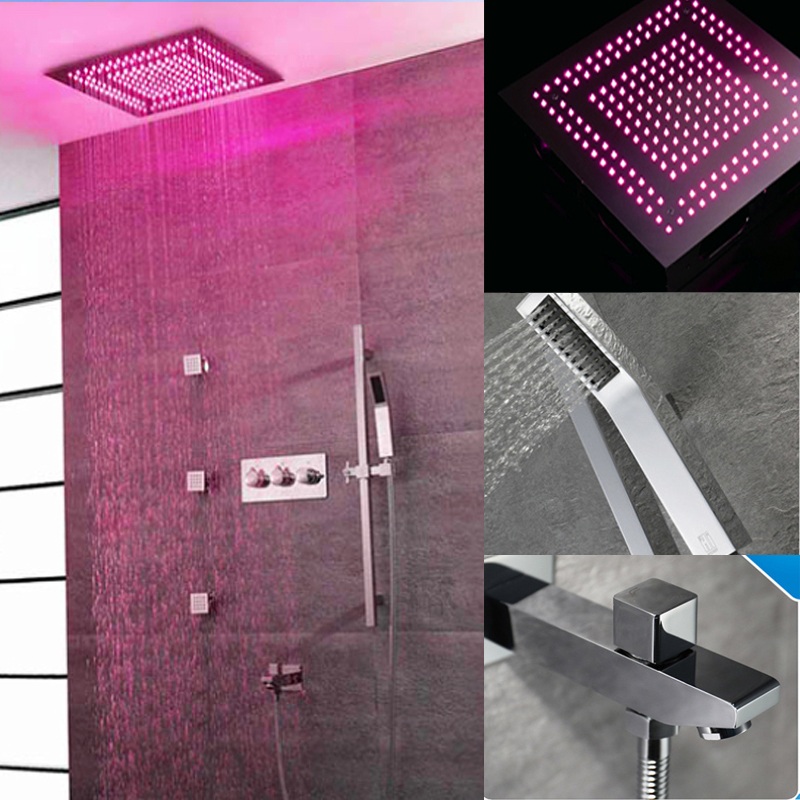 

Rainfall Shower Systems Concealed LED showerhead bathroom Shower Set with sliding bar & handheld shower & 3 body jets & hot cold mixer