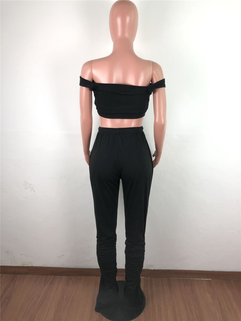 Tsuretobe Streetwear 2 Piece Set Women Crop Top And Stacked Pants Split Matching Sets Off Shoulder Club Outfits Summer Clothes CX200702