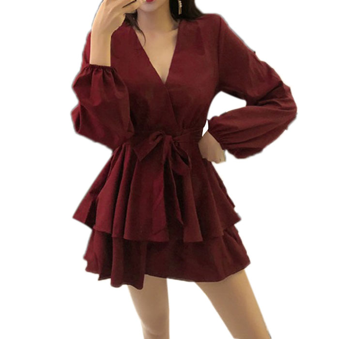 Fashion Women Dresses Solid V-neck Puff Off Long Sleeve Dress Ladies Ruffle Mini Dress, As photo shows
Fashion Women Dresses Solid V-neck Puff Off Long Sleeve Dress Ladies Ruffle Mini Dress, As photo shows