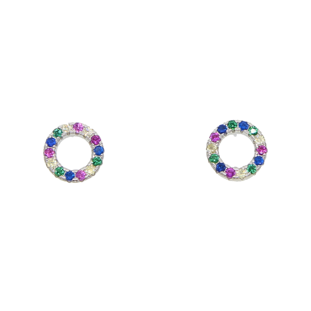 925 sterling silver geometric round circle stud earring colorful multi color cz stone paved tiny round earrings