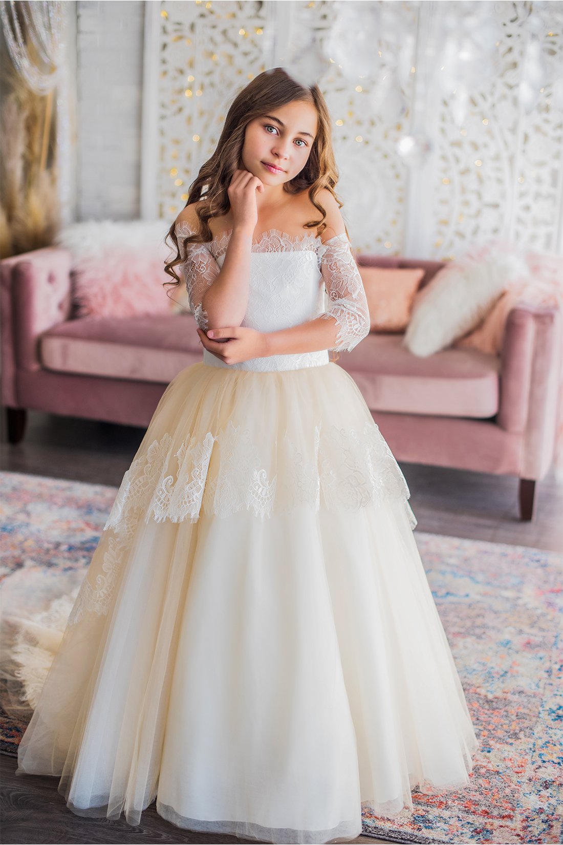 Modern Ball Gown Flower Girl Dress Off Shoulder Long Sleeve Tulle Lace Applique Ruched Wedding Dress Floor Length Girl's Birthday Part