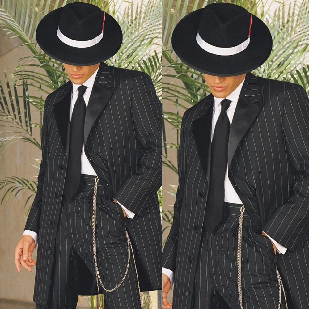 2020 Black Stripe Wedding Suits New Fashion Mens Peaked Lapel Long Groom Tuxedos Prom Party 2 Pieces