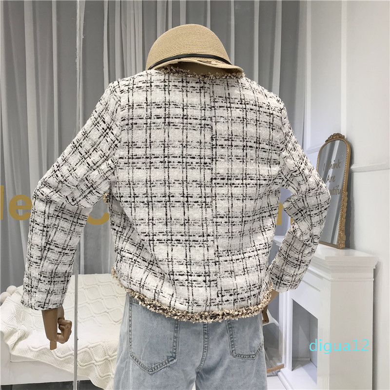 Fashion- Women Buttons Pockets Design Tweed Jackets Tassel Plaid Coats Female Autumn