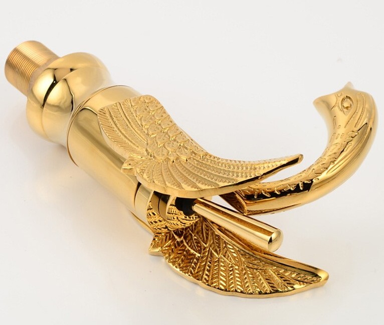 Wholesale- Gold Finish Swan Shape Brass Basin Sink Faucet Bathroom Single Hole Centerset Basin Mixer Tap
