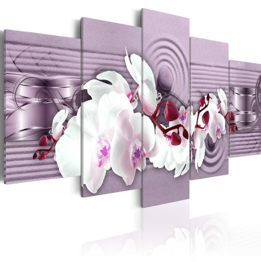 Hd Wall Art Canvas Painting 5 Pieces Zen Orchid Flower Modern Home Decoration,Choose Color(purple,green,red) And Size:3