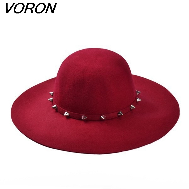 VORON Free Shipping 2017 New Fashion Wine Red /Red /Black Wool Floppy Hats With Studs Big Brim For Women /Ladies LY191228