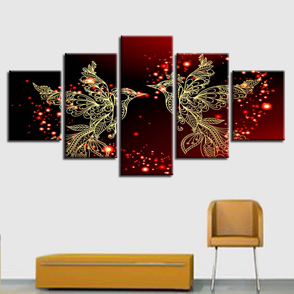 Home Decor HD Print Canvas 5 Pieces Red And Gold Love Birds Pictures Bedroom Romantic Wall Art Poster (No Frame)