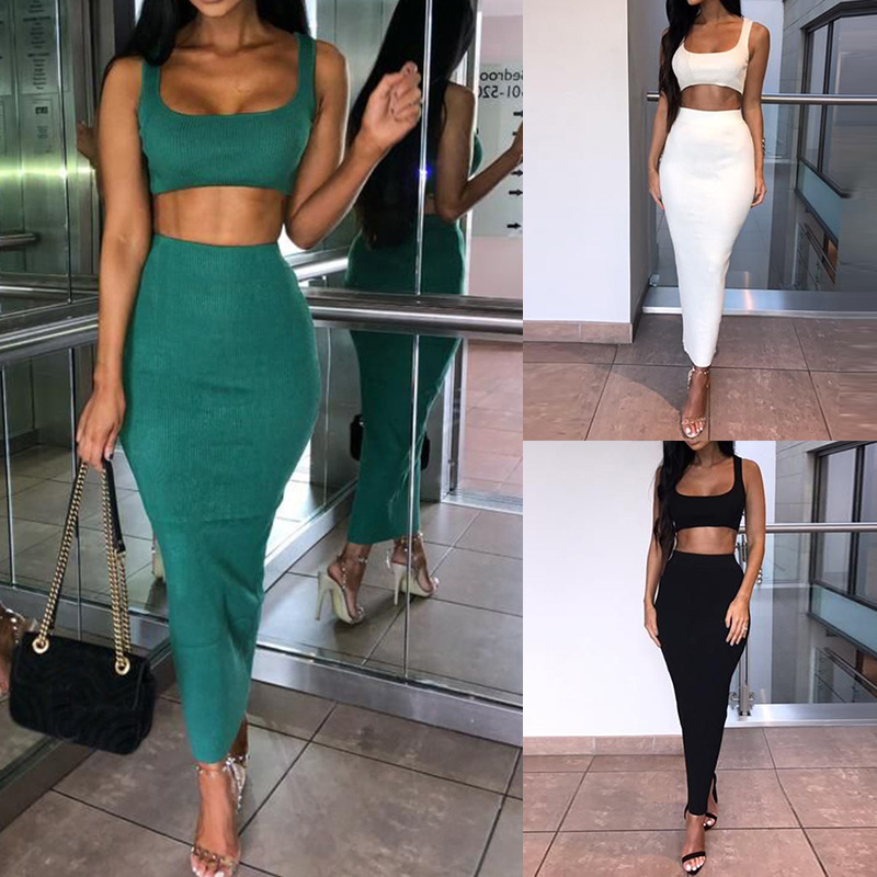 2Pcs Crop Tops And Set Matching Women Two Pieces Sexy Sleeveless Short Tops+Bodycon Slim Long Skirt Sets B3