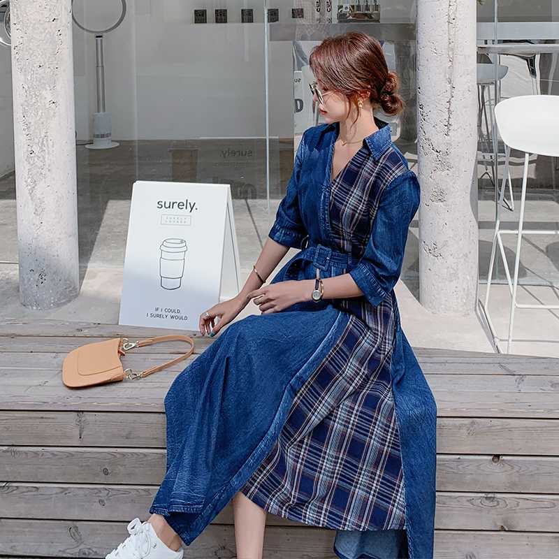 2020 Summer Women Short Sleeve Plaid Splice Denim Long Dress Office Lady Korean Elegant Slim Casual V-neck Bandage Dresses, Blue
2020 Summer Women Short Sleeve Plaid Splice Denim Long Dress Office Lady Korean Elegant Slim Casual V-neck Bandage Dresses, Blue