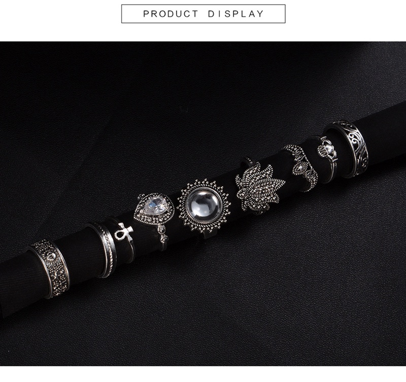 9 pieces of silver vintage ethnic style exaggerated gems combination bohemian stack ring rhinestone joint ring nail ring set for female girl