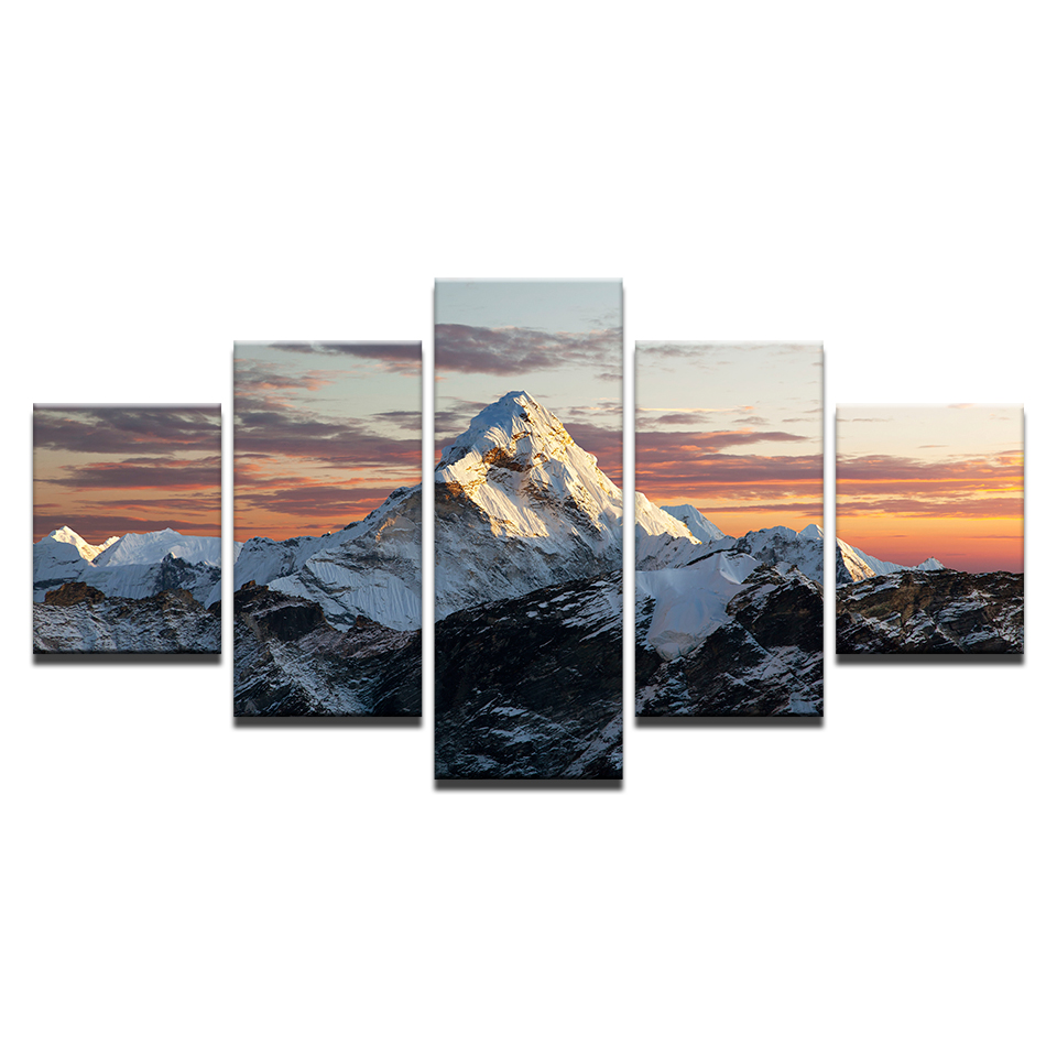 Canvas HD Prints Paintings Home Decor Living Room 5 Pieces Sunset Snow Mountains Posters Wall Art Landscape Pictures No Frame