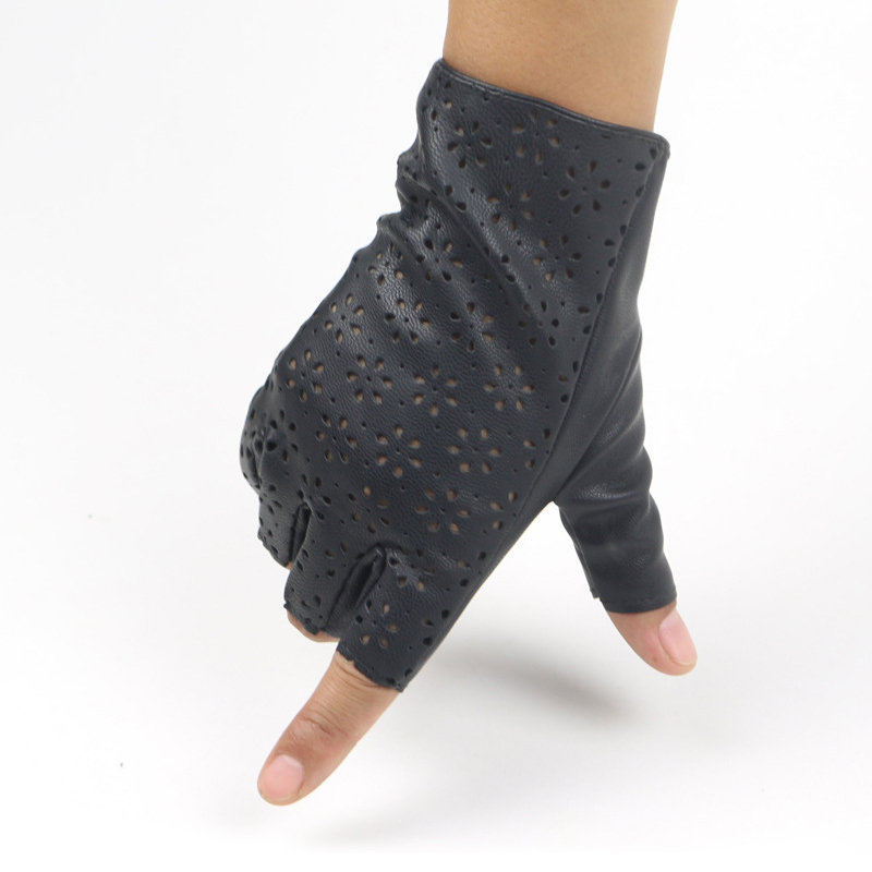 Fashion-Women Punk Gloves Female Hollow out Half Finger Driving Leather Gloves Breathable Nightclub Show Glove
